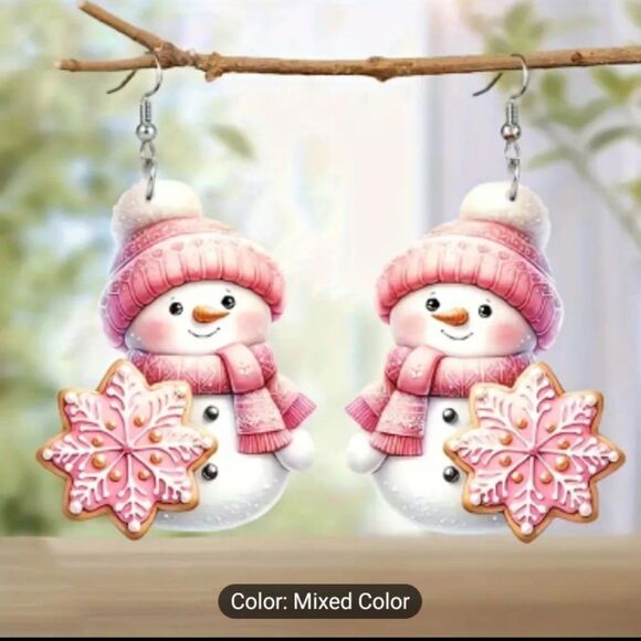 Christmas earrings snowflake snowman Pink dangle new e70 - Picture 1 of 3